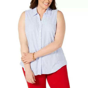 Charter Club Plus Size Sleeveless Button-Front Dress, Classic Blue Combo, 24W